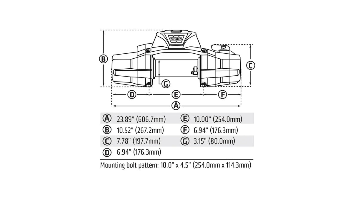 Dimension diagram for the WARN ZEON XD 10-S 10,000 lb truck, Jeep, and SUV winch showing measurements and mounting layout