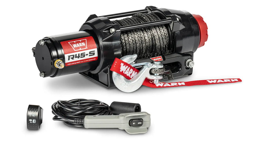 Angled view of the WARN R45-S 4,500 lb ATV/UTV winch with 50 ft synthetic rope and roller fairlead