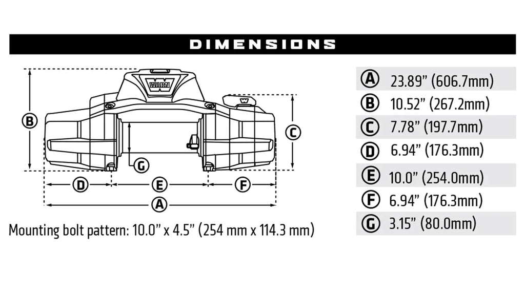 Dimension diagram for the WARN ZEON XP 14-S 14,000 lb truck, Jeep, and SUV winch showing measurements and mounting layout