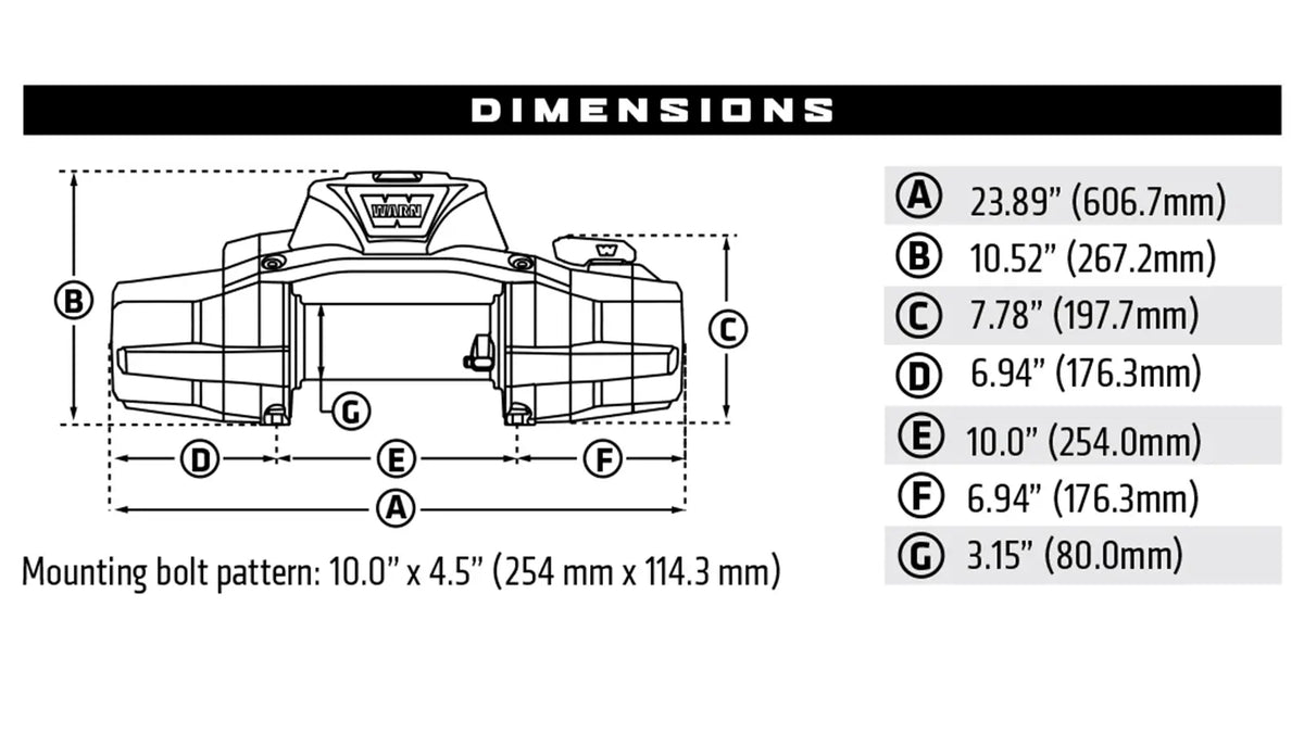 Dimension diagram for the WARN ZEON XP 14-S 14,000 lb truck, Jeep, and SUV winch showing measurements and mounting layout
