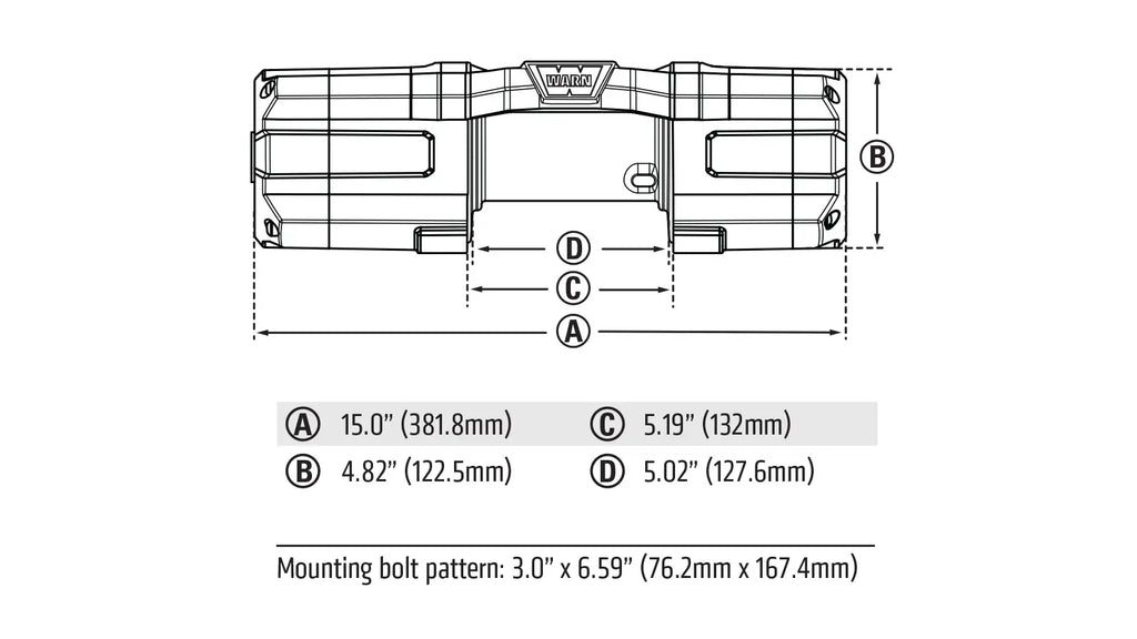 Dimension diagram for the WARN AXON 45-S with Plow Mode showing measurements and mounting layout