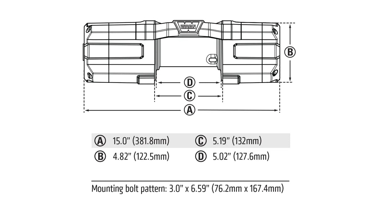 Dimension diagram for the WARN AXON 55-S with Plow Mode showing measurements and mounting layout