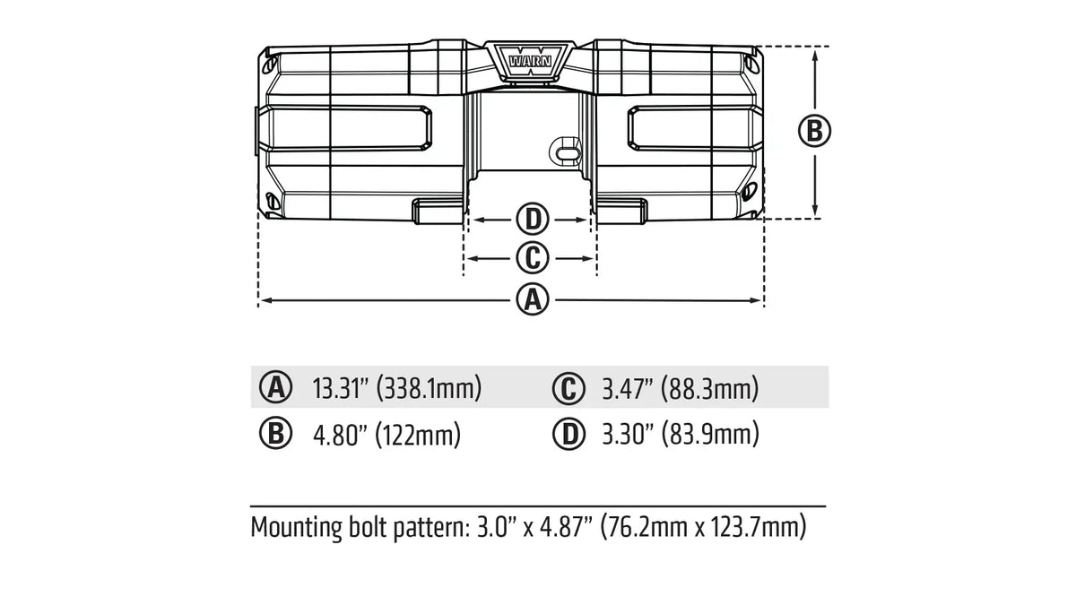 Dimension diagram for the WARN AXON 45RC with Plow Mode showing measurements and mounting layout