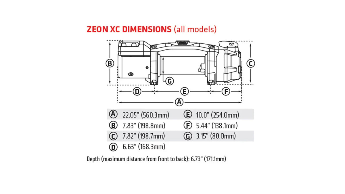 Dimension diagram for the WARN ZEON XC 14-S 14,000 lb truck, Jeep, and SUV winch showing measurements and mounting layout