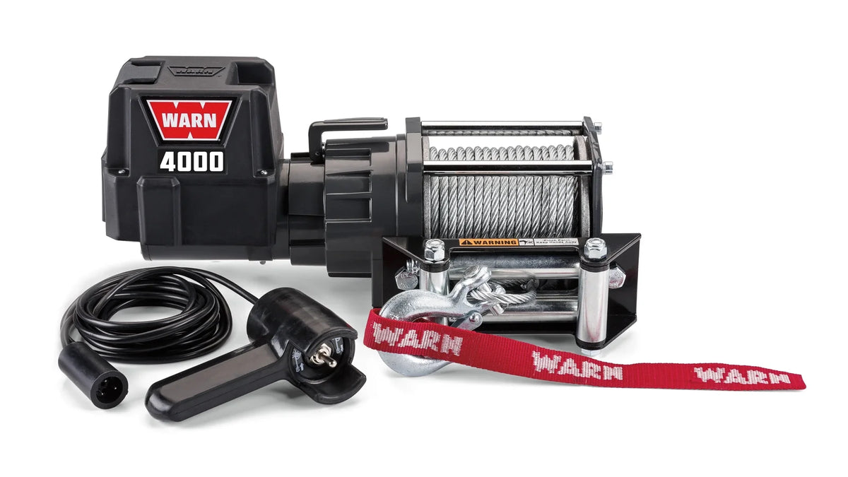 WARN 4000 DC Utility 4,000 lb Trailer winch with 43 ft steel rope and roller fairlead