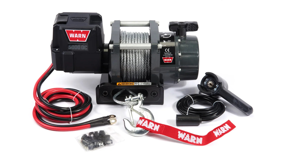WARN 5000 DC Utility 5,000 lb Trailer winch with 60 ft steel rope and hawse fairlead