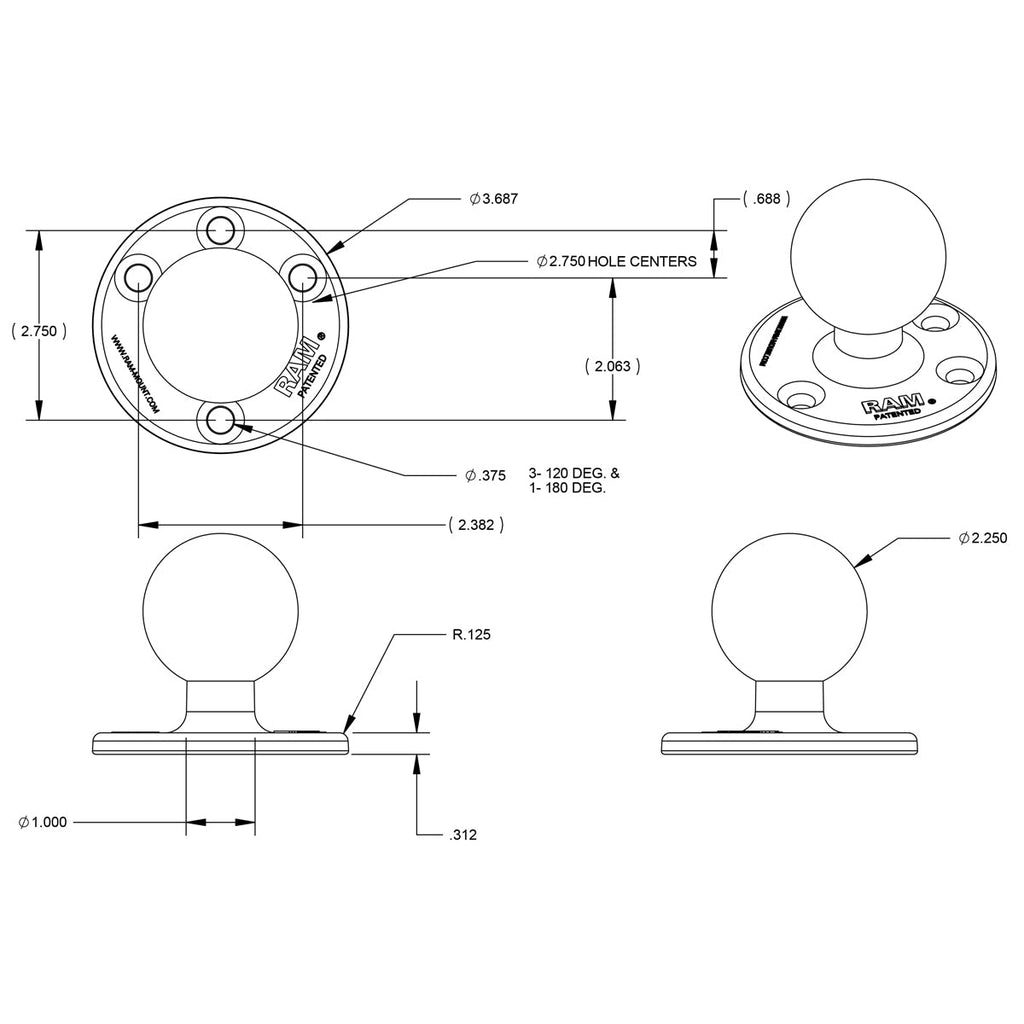 RAM® Large Round Plate with Ball - D Size - official product image 2
