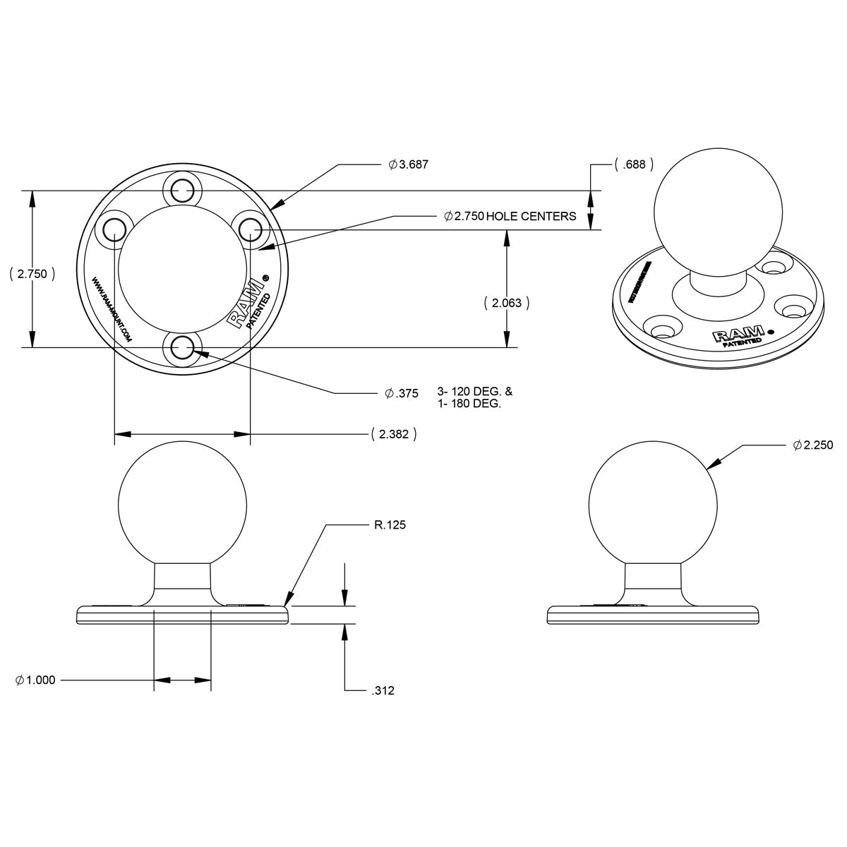 RAM® Large Round Plate with Ball - D Size - official product image 2